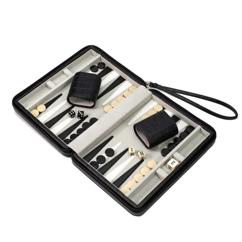 Compact Travel Backgammon Set — Black Faux Crocodile Finish | Brouk & Co. 1