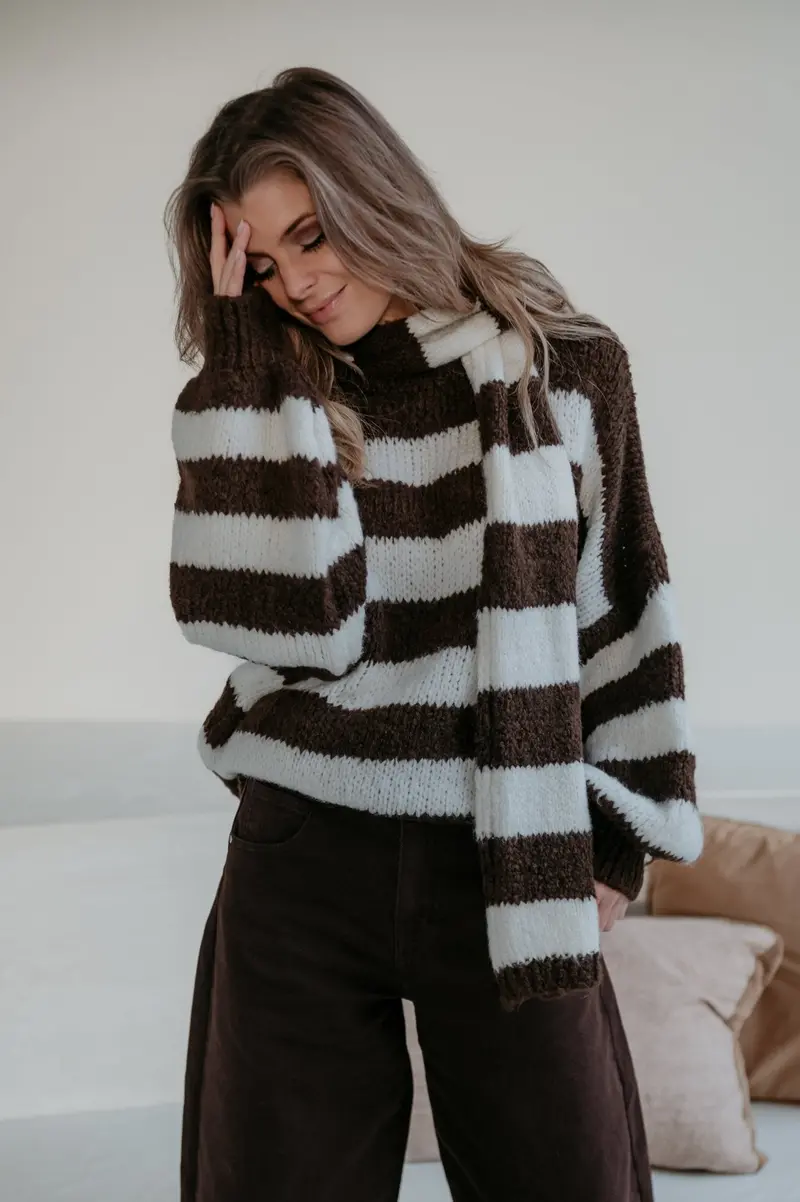 Elive Chocolate Brown Knit Sweater And Matching Scarf Set 1