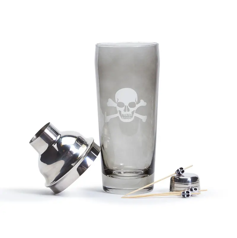 Hand-Engraved Smoke Glass Cocktail Shaker Featuring Skull & Bones Motif 1