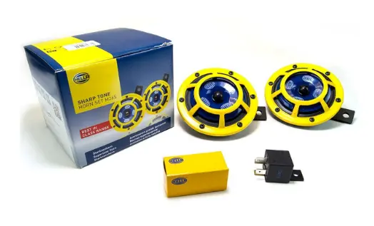 Hella Sharptone Dual-Tone Horn Kit – 12V, 415/350 Hz, Yellow Housing 1